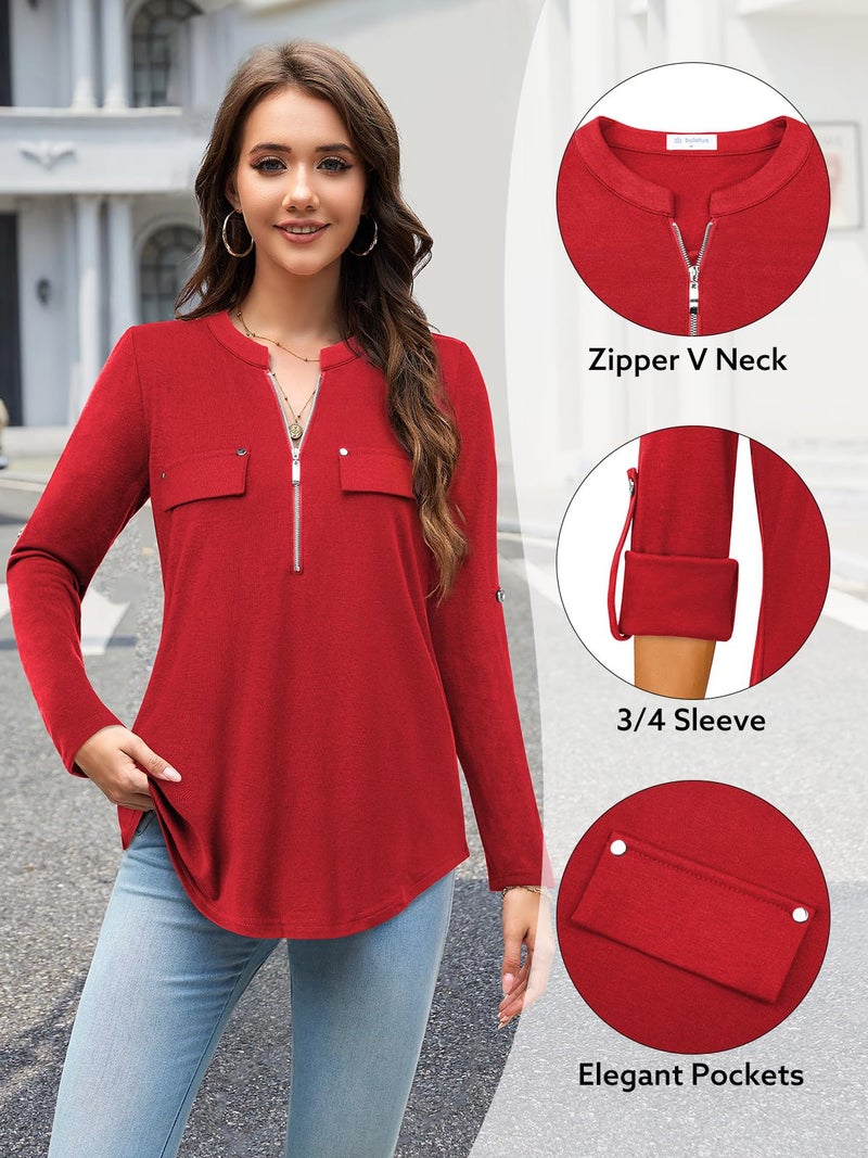 Bulotus Ladies Tops and Blouses Casual Tunic Top 3/4 Sleeve V Neck Office Wear for Women Tunic Tops to Wear with Leggings, Red, X-Large - Image 4